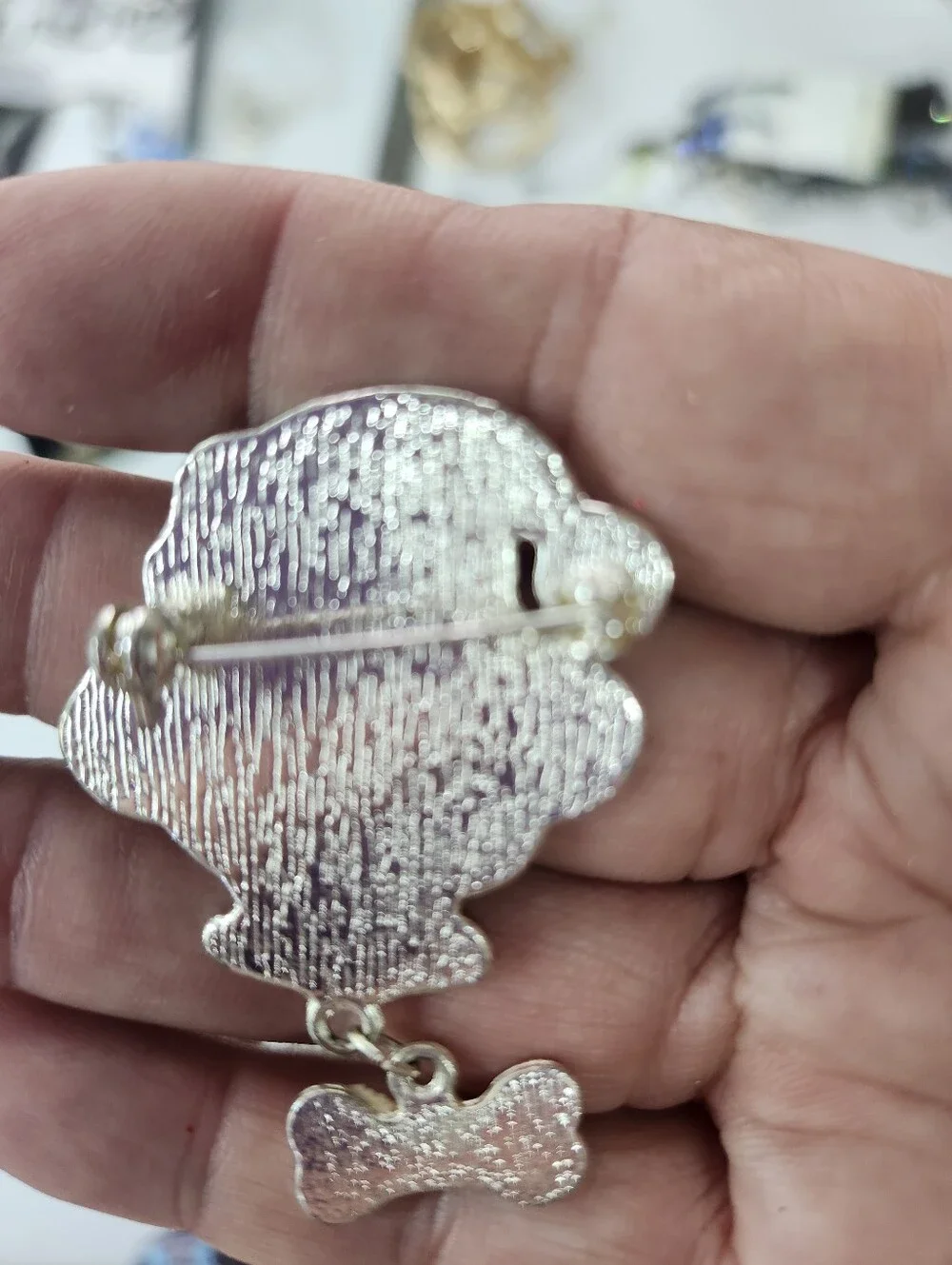 enamel over metal puppy dog with a bone brooch pin